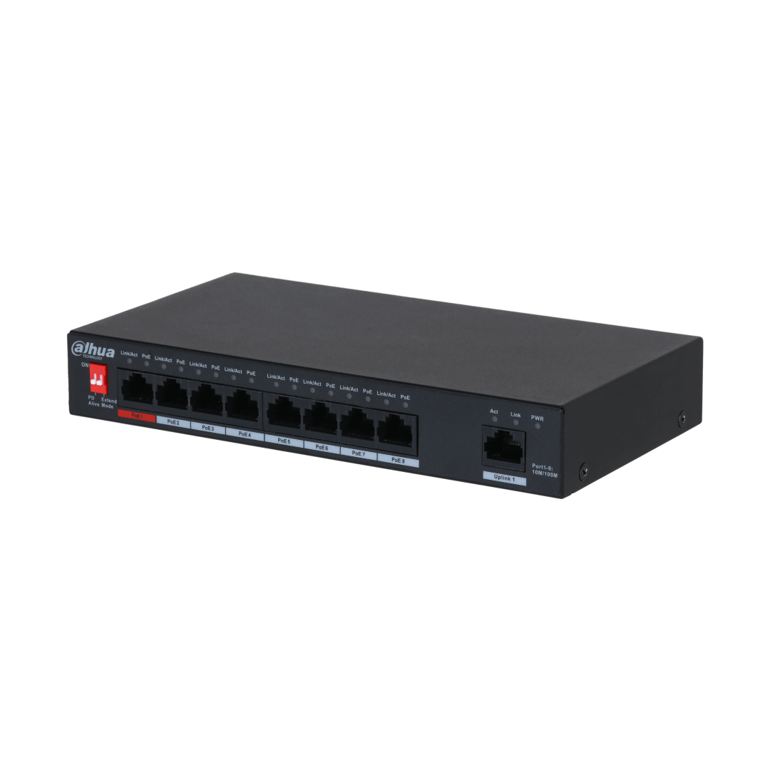 Zwarte Dahua 9-poorts PoE-desktopswitch met acht 10/100 Mbps poorten, één uplink-poort en een rode Hi-PoE-poort.