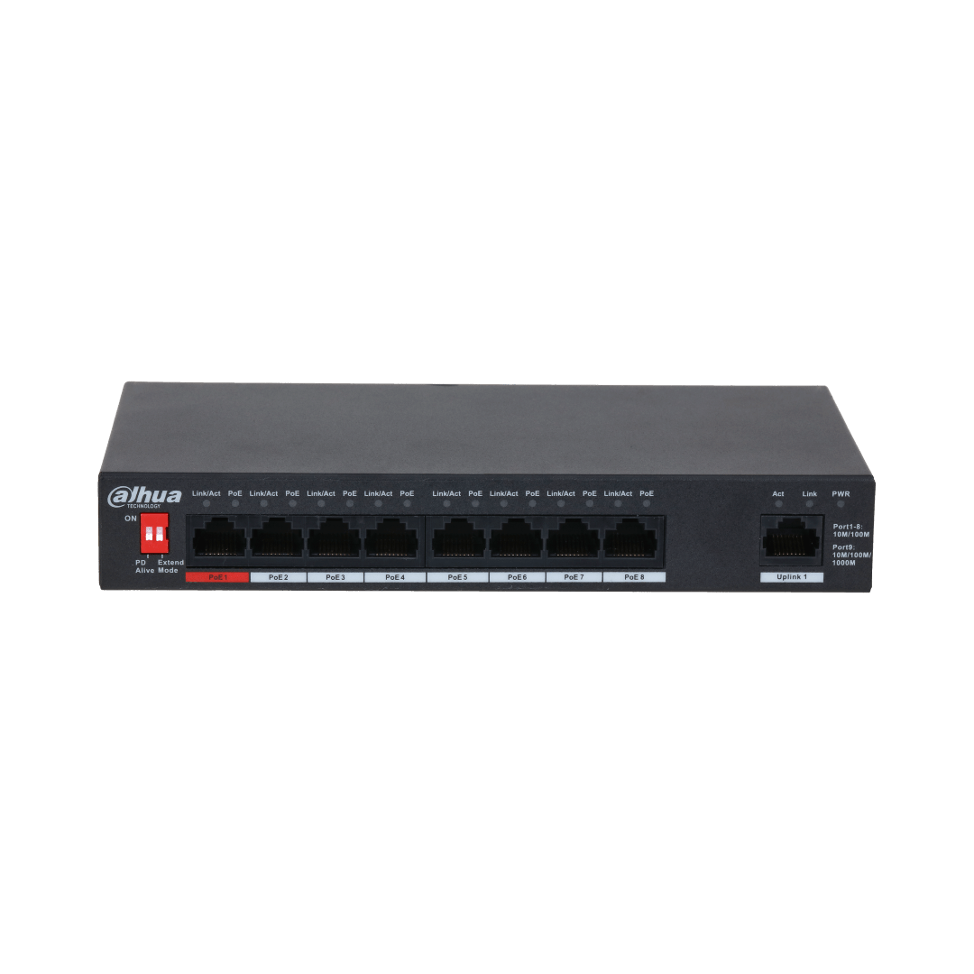 Zwarte Dahua desktopswitch met 8 PoE-poorten, één uplink-poort, Extend Mode-schakelaar en LED-statusindicatoren.
