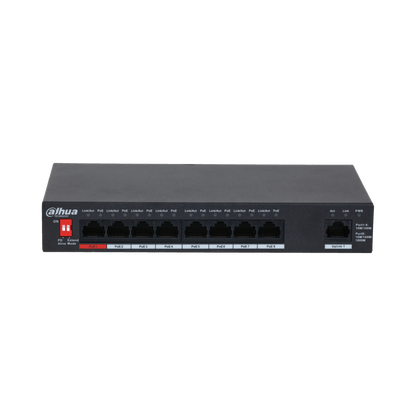 Zwarte Dahua desktopswitch met 8 PoE-poorten, één uplink-poort, Extend Mode-schakelaar en LED-statusindicatoren.