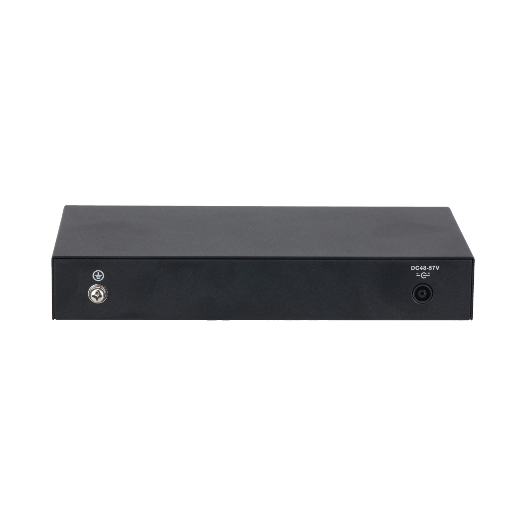 Zwarte metalen achterkant van Dahua PoE-switch met aardingsschroef en DC48-57V voedingsaansluiting.