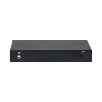 Zwarte metalen achterkant van Dahua PoE-switch met aardingsschroef en DC48-57V voedingsaansluiting.