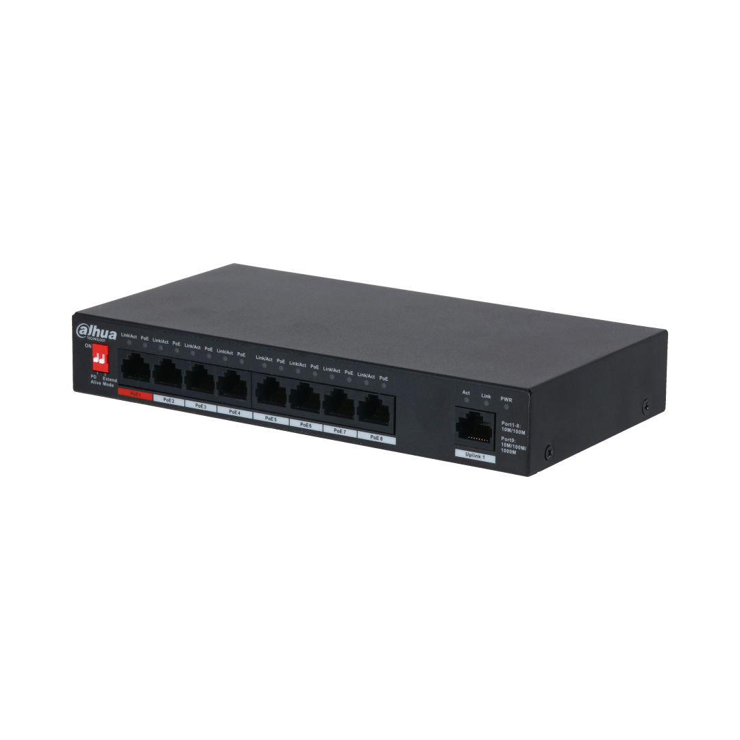 Zwarte Dahua 9-poorts desktop PoE-switch met 8 PoE-poorten, één uplink-poort en PoE Watchdog-schakelaar.