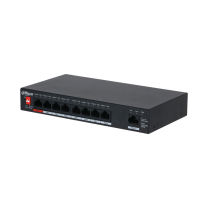 Zwarte Dahua 9-poorts desktop PoE-switch met 8 PoE-poorten, één uplink-poort en PoE Watchdog-schakelaar.