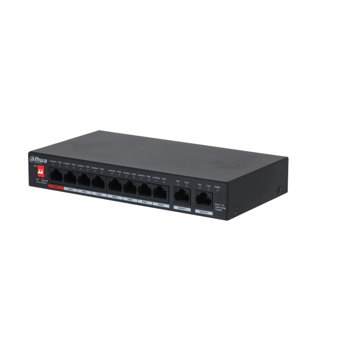 Zwarte Dahua PFS3010-8GT-96-V2 desktopswitch met 8 PoE-poorten, 2 uplink-poorten en een rode Extend Mode-schakelaar.