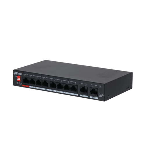 Zwarte Dahua PFS3010-8GT-96-V2 desktopswitch met 8 PoE-poorten, 2 uplink-poorten en een rode Extend Mode-schakelaar.