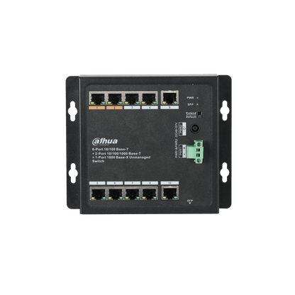 Zwarte Dahua PFS3111-8ET-96-F PoE-switch met metalen behuizing, 8 Ethernet-poorten, SFP-poort en stroomaansluitingen.