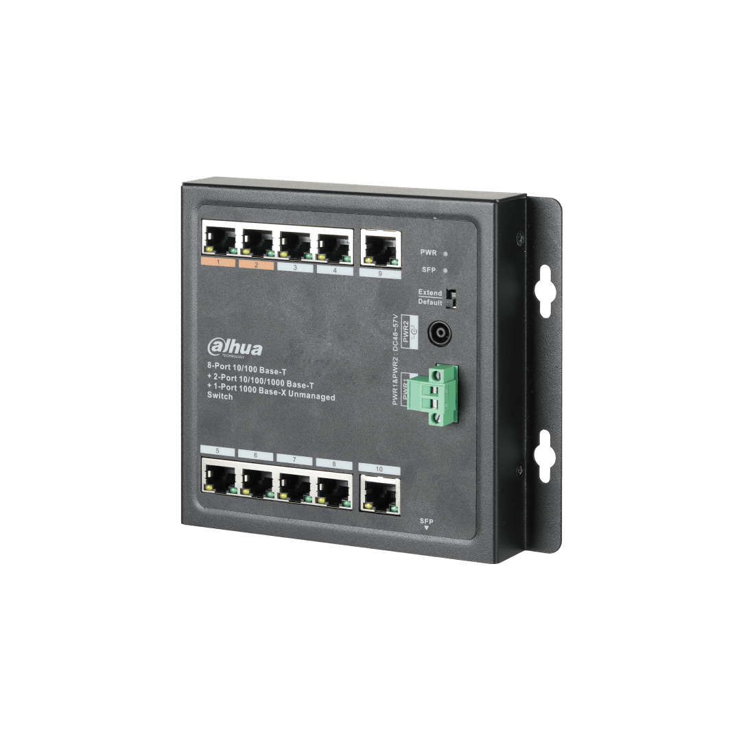 Zwarte Dahua PFS3111-8ET-96-F PoE-switch met metalen behuizing, 8 Ethernet-poorten, SFP-slots en stroomaansluitingen.
