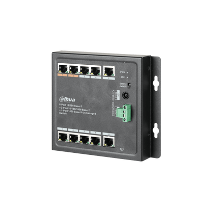 Zwarte Dahua PFS3111-8ET-96-F PoE-switch met metalen behuizing, 8 Ethernet-poorten, SFP-slots en stroomaansluitingen.