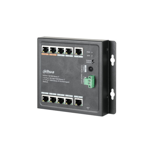Zwarte Dahua PFS3111-8ET-96-F PoE-switch met metalen behuizing, 8 Ethernet-poorten, SFP-slots en stroomaansluitingen.
