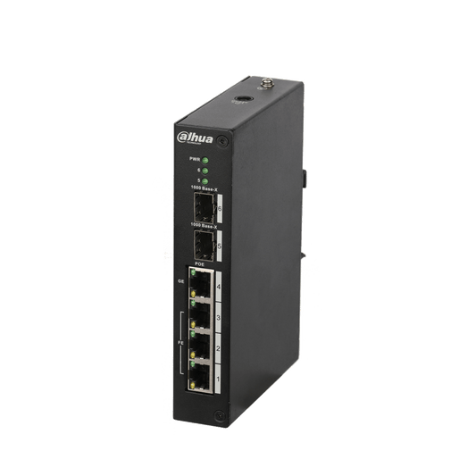 Zwarte Dahua PFS3206-4P-120 industriële PoE-switch met vier RJ45-poorten en twee SFP-glasvezelpoorten.