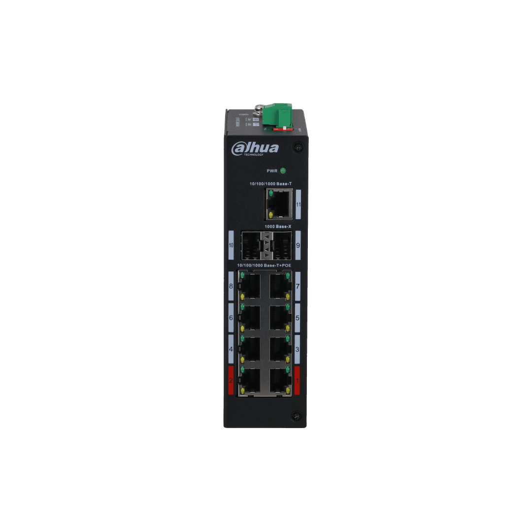 Zwarte Dahua PFS3211-8GT-120 industriële PoE-switch met 8 PoE-poorten, 2 SFP-uplinks en een robuuste metalen behuizing.