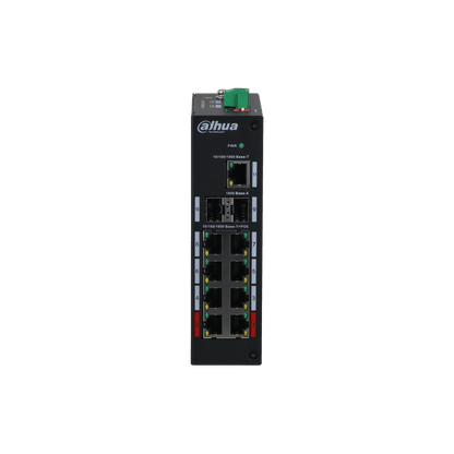 Zwarte Dahua PFS3211-8GT-120 industriële PoE-switch met 8 PoE-poorten, 2 SFP-uplinks en een robuuste metalen behuizing.