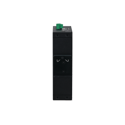 Zijaanzicht van zwarte Dahua PFS3211-8GT-120 PoE-switch met DIN-rail montagebeugel en groene stroomaansluiting.