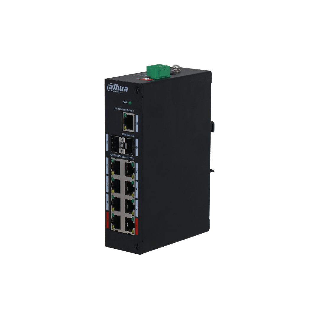 Zwarte Dahua PFS3211-8GT-120 industriële PoE-switch met 8 PoE-poorten, SFP-uplinks en een robuuste metalen behuizing.