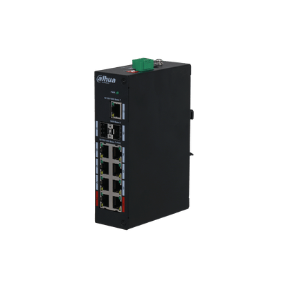 Zwarte Dahua PFS3211-8GT-120 industriële PoE-switch met 8 PoE-poorten, SFP-uplinks en een robuuste metalen behuizing.