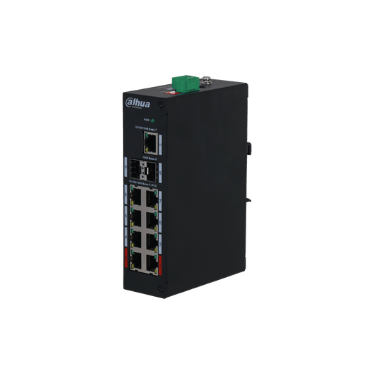 Zwarte Dahua PFS3211-8GT-120 industriële PoE-switch met 8 PoE-poorten, SFP-uplinks en een robuuste metalen behuizing.