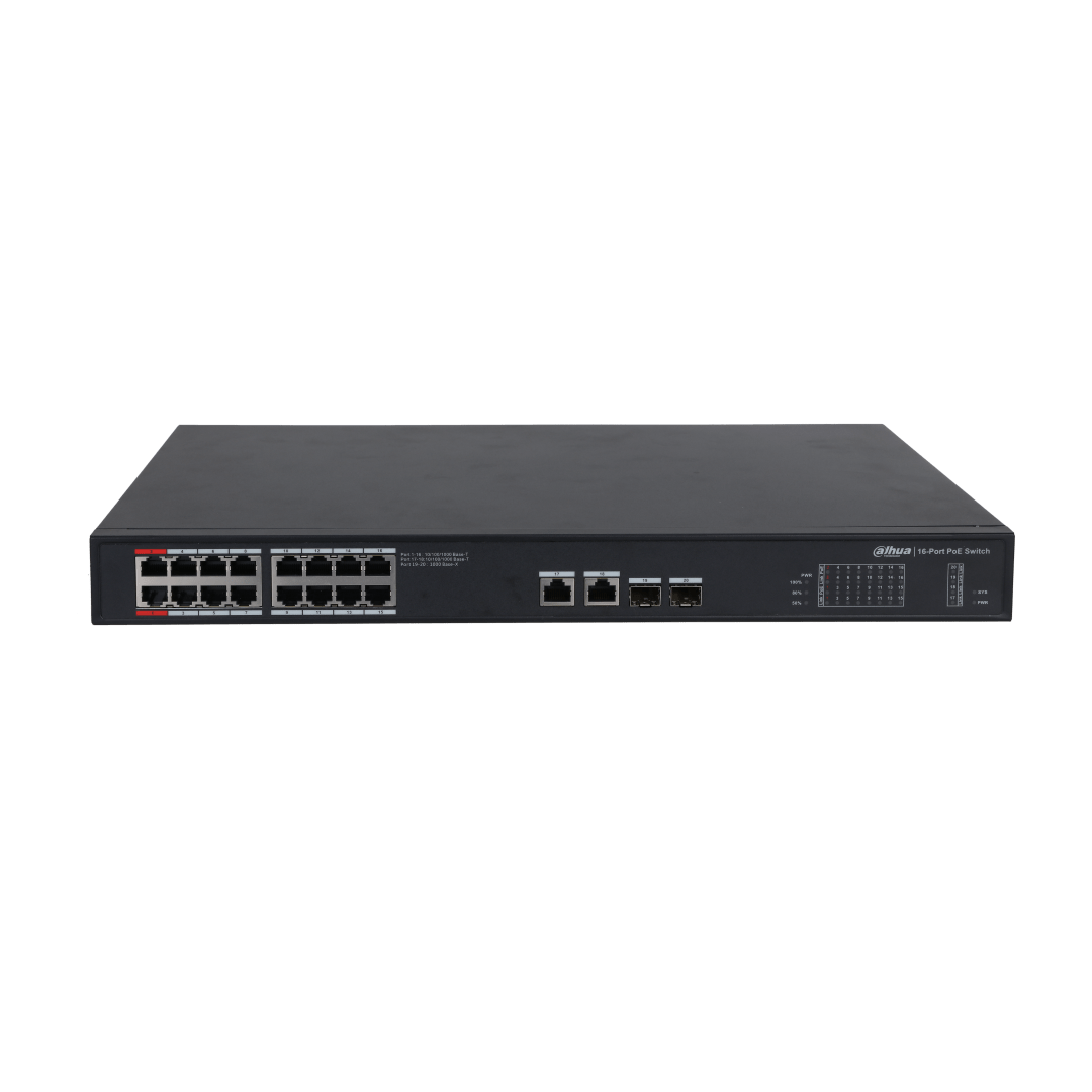 Zwarte Dahua 16-poorts PoE-switch met metalen behuizing, Gigabit-poorten en opvallende rode 90W BT-poort.