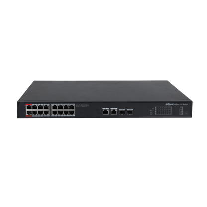 Zwarte Dahua 16-poorts PoE-switch met metalen behuizing, Gigabit-poorten en opvallende rode 90W BT-poort.
