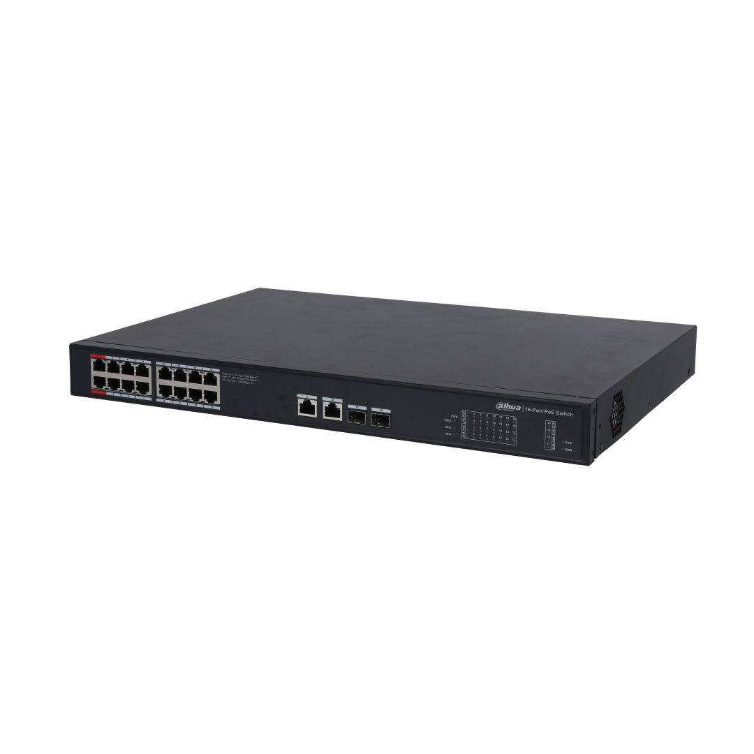 Zwarte Dahua 16-poorts PoE-switch met metalen behuizing, Gigabit-poorten en rode 90W BT-poort voor netwerkverbindingen.