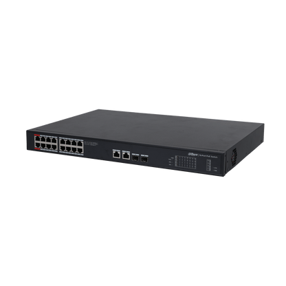 Zwarte Dahua 16-poorts PoE-switch met metalen behuizing, Gigabit-poorten en rode 90W BT-poort voor netwerkverbindingen.