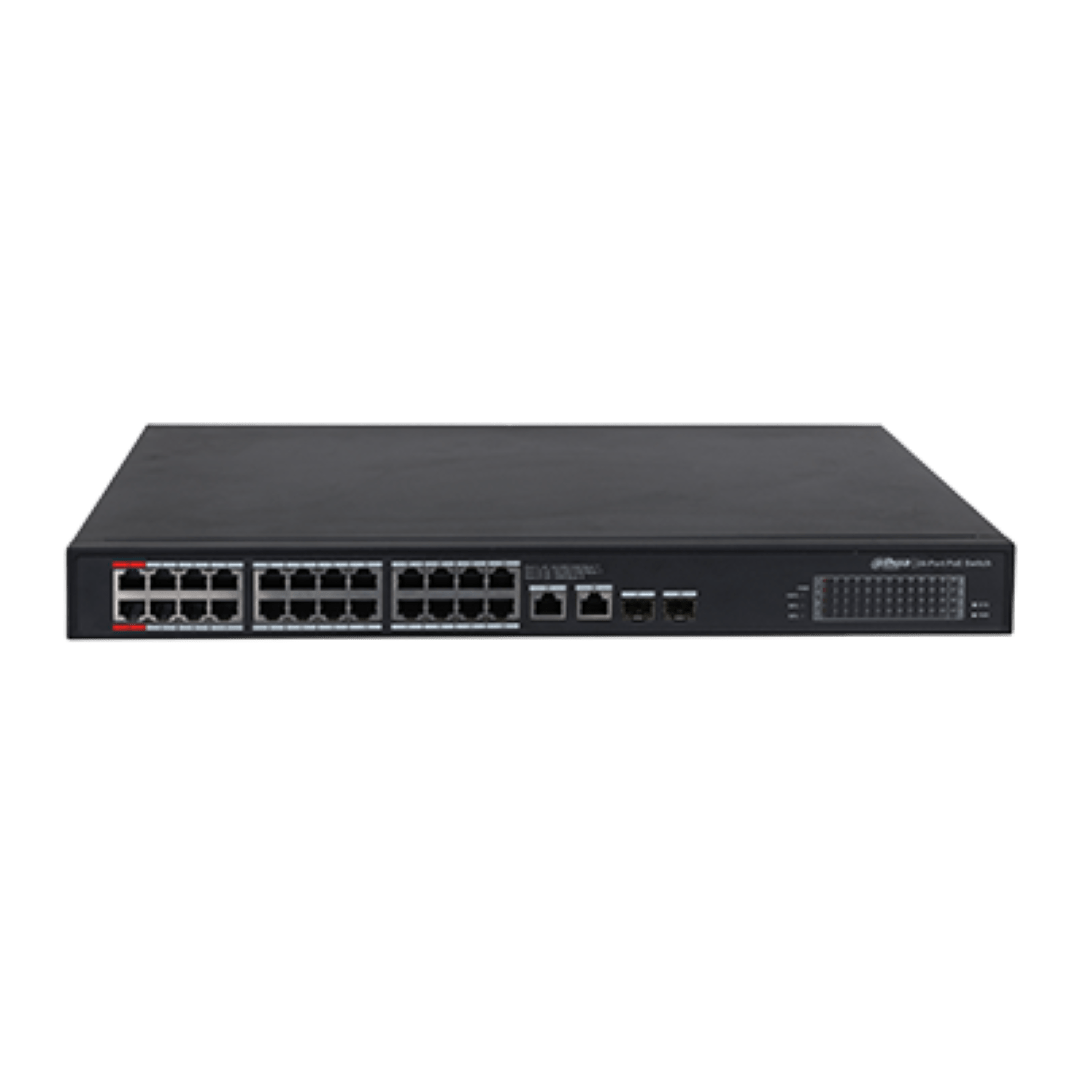 Zwarte Dahua PFS3228-24GT-240 PoE-switch met 24 Gigabit-poorten, waaronder één rode 90W BT-poort en SFP-uplinks.