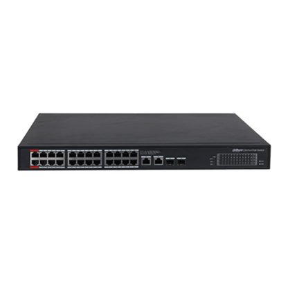 Zwarte Dahua PFS3228-24GT-240 PoE-switch met 24 Gigabit-poorten, waaronder één rode 90W BT-poort en SFP-uplinks.