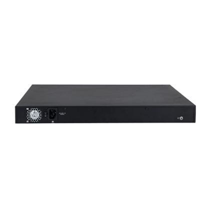 Zwarte metalen achterkant van Dahua PFS3228-24GT-240 PoE-switch met stroomaansluiting en koelventilator.
