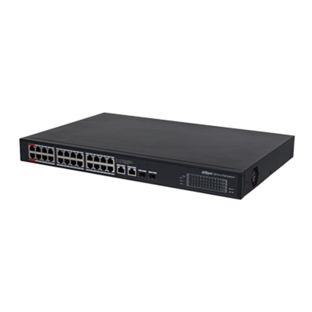 Zwarte Dahua PFS3228-24GT-240 PoE-switch met 24 Gigabit-poorten, inclusief rode 90W BT-poorten en metalen behuizing.