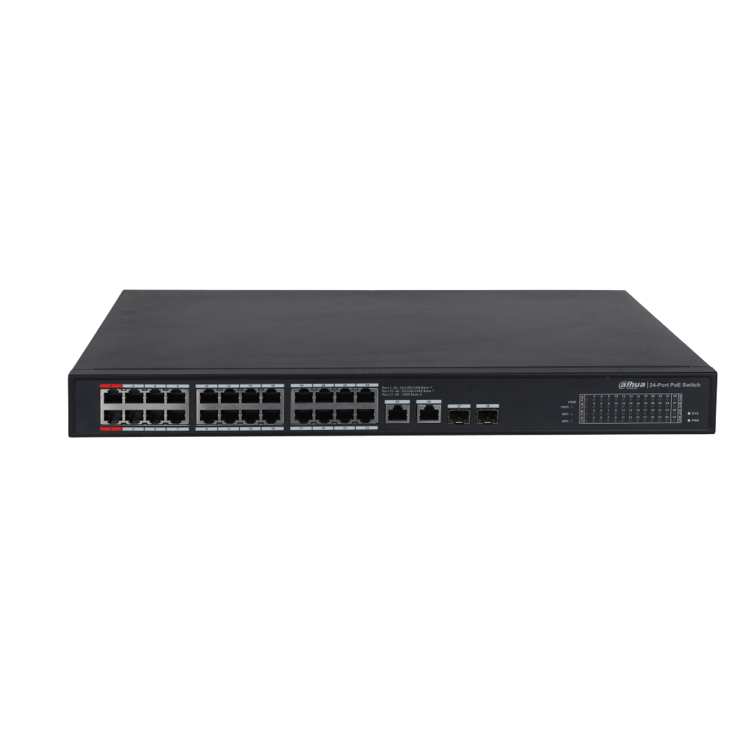 Zwarte Dahua 24-poorts Gigabit PoE-switch met metalen behuizing en opvallende rode 90W BT-poort aan de voorzijde.
