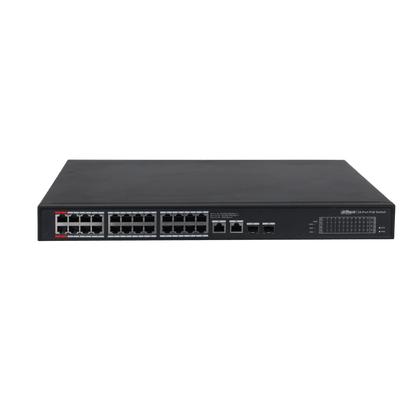 Zwarte Dahua 24-poorts Gigabit PoE-switch met metalen behuizing en opvallende rode 90W BT-poort aan de voorzijde.