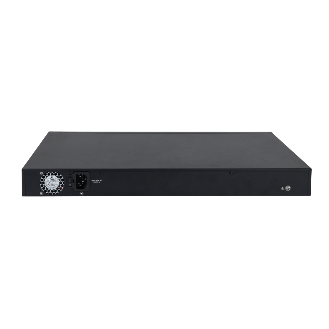 Zwarte metalen achterkant van de Dahua PoE-switch met stroomaansluiting, aan-uitknop en ingebouwde koelventilator.