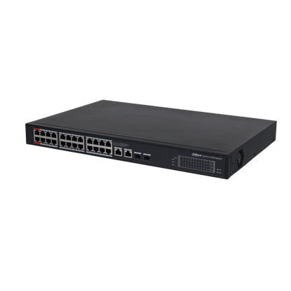 Zwarte Dahua 24-poorts Gigabit PoE-switch met metalen behuizing en opvallende rode 90W BT-poort.