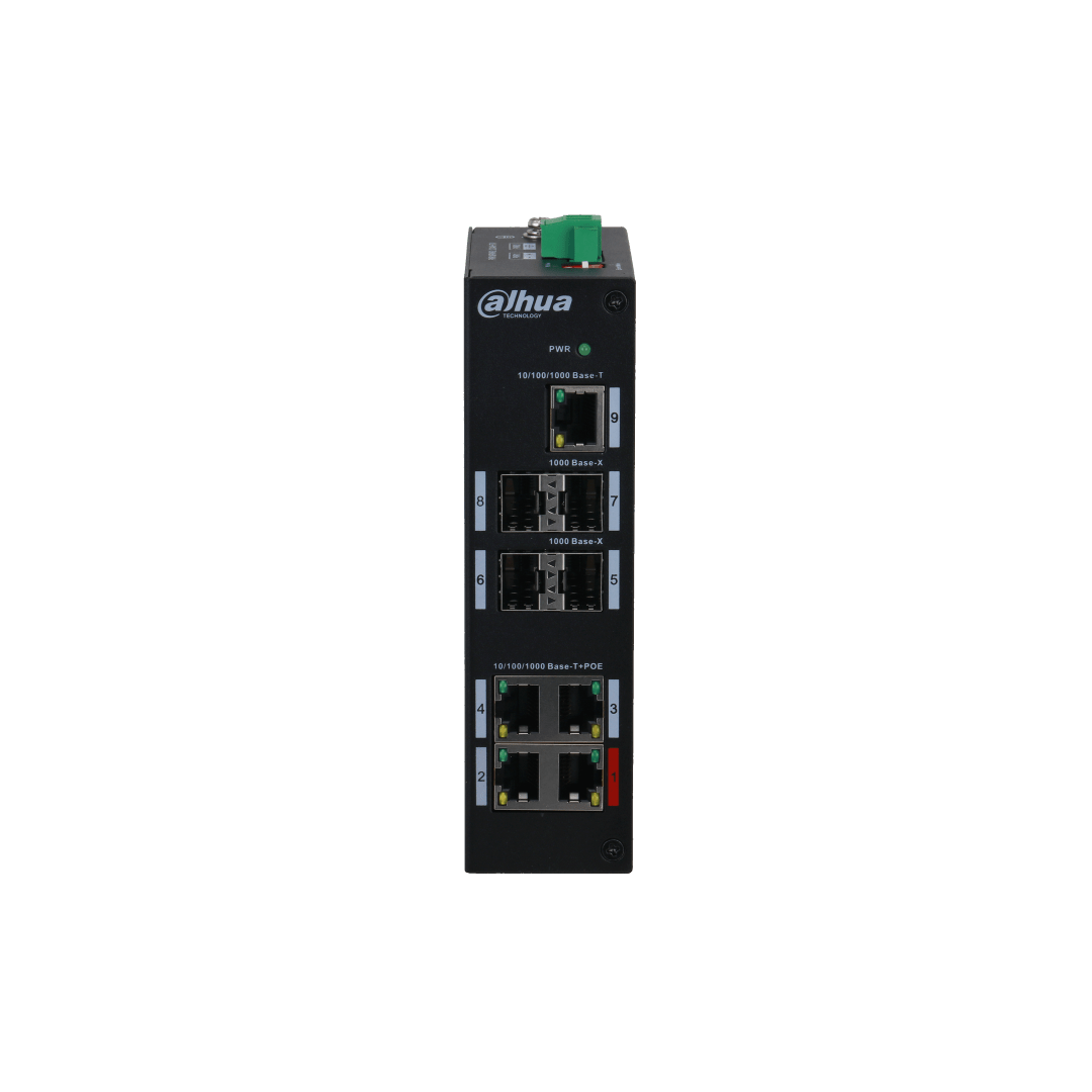 Zwarte Dahua PFS3409-4GT-96-V2 industriële PoE-switch met 9 poorten, SFP-slots en status-LED's in een metalen behuizing.