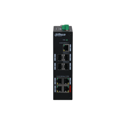 Zwarte Dahua PFS3409-4GT-96-V2 industriële PoE-switch met 9 poorten, SFP-slots en status-LED's in een metalen behuizing.