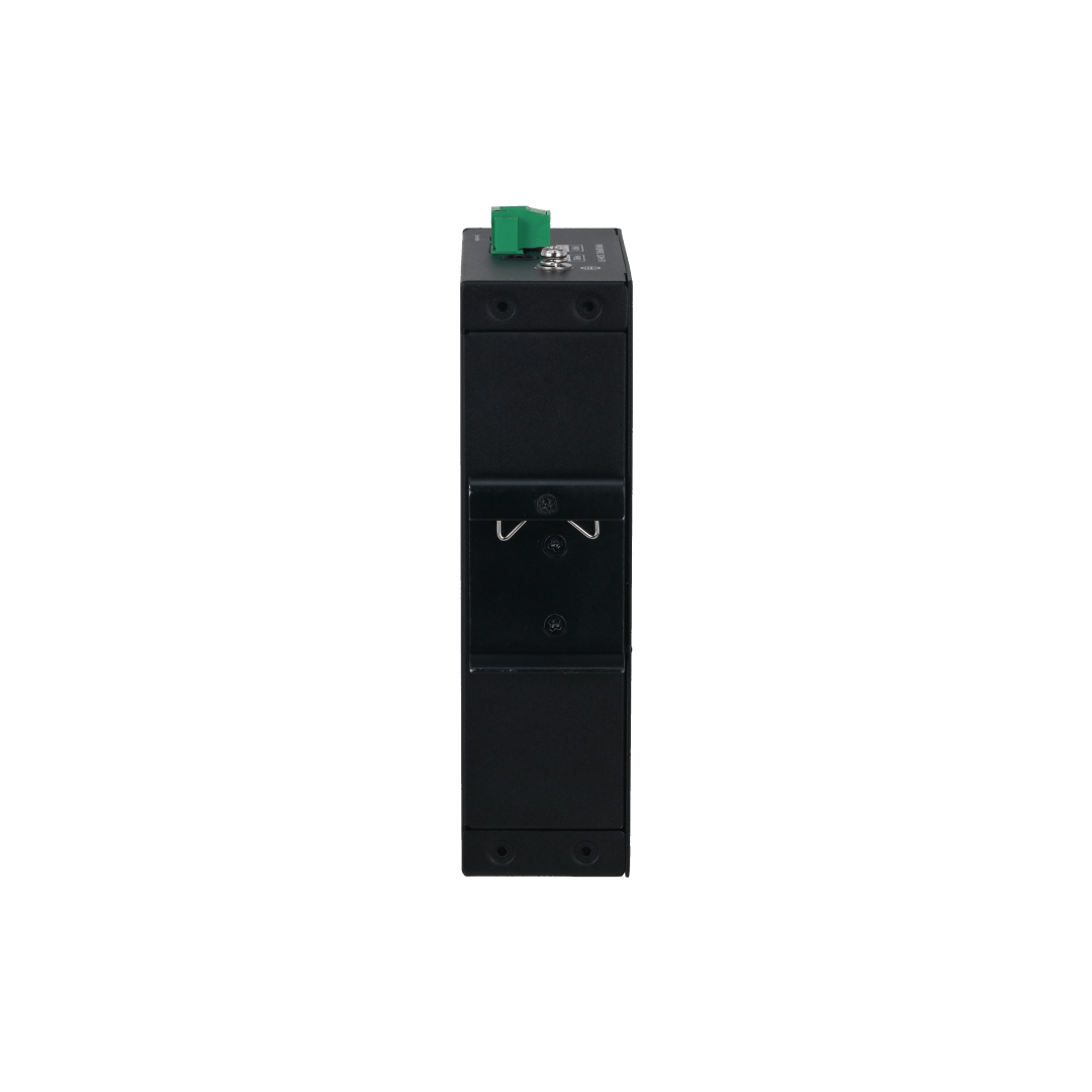 Zwarte Dahua PoE-switch met metalen behuizing, DIN-rail montageclip en groene stroomaansluiting aan de bovenzijde.