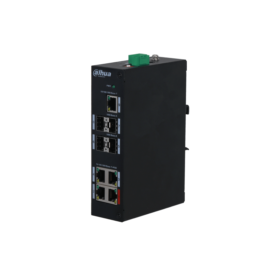 Zwarte Dahua PFS3409-4GT-96-V2 industriële PoE-switch met Ethernet- en SFP-poorten in een robuuste metalen behuizing.