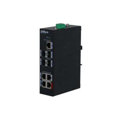 Zwarte Dahua PFS3409-4GT-96-V2 industriële PoE-switch met Ethernet- en SFP-poorten in een robuuste metalen behuizing.
