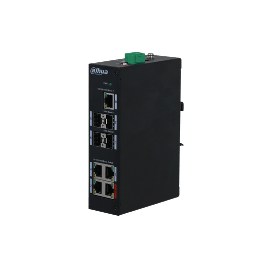 Zwarte Dahua PFS3409-4GT-96-V2 industriële PoE-switch met Ethernet- en SFP-poorten in een robuuste metalen behuizing.