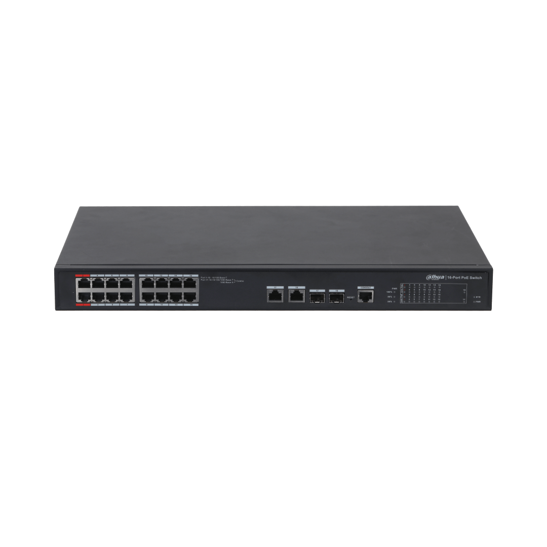 Zwarte Dahua 16-poorts PoE-switch met metalen behuizing, 16 PoE-poorten, 2 gigabit uplink-poorten en status-LED's.