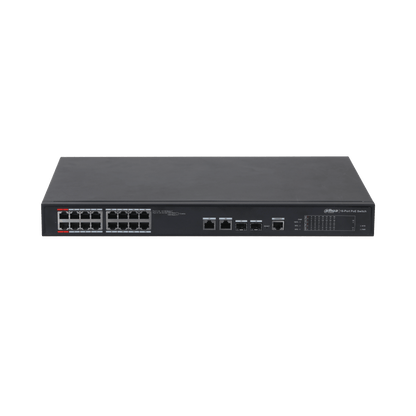 Zwarte Dahua 16-poorts PoE-switch met metalen behuizing, 16 PoE-poorten, 2 gigabit uplink-poorten en status-LED's.
