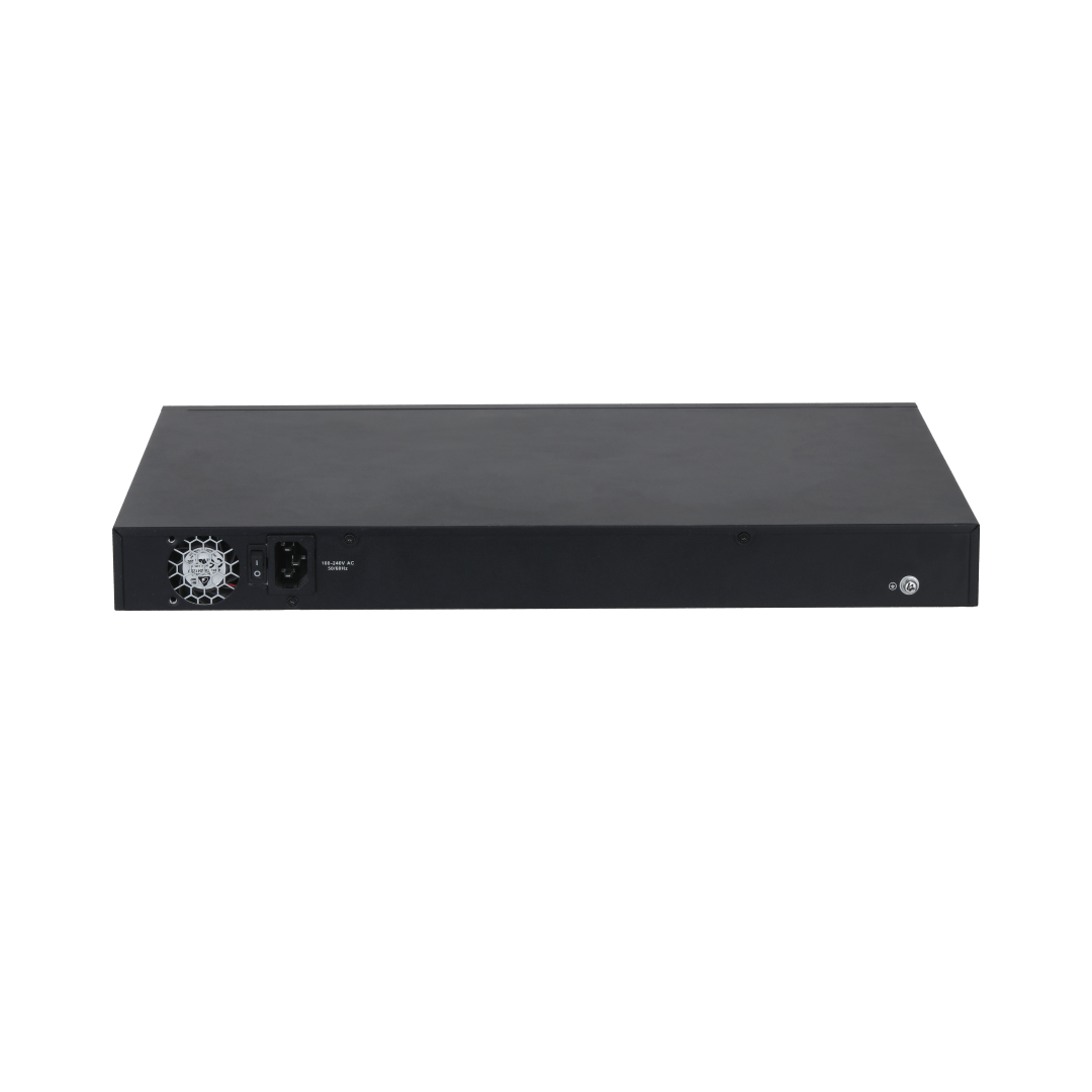 Zwarte metalen achterkant van de Dahua PFS4218-16ET-240-V3 PoE-switch met stroomaansluiting en ingebouwde ventilator.