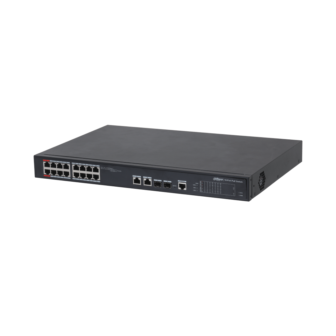 Zwarte Dahua 16-poorts PoE managed switch in metalen behuizing met 16 PoE-poorten en 2 gigabit uplink combo-poorten.
