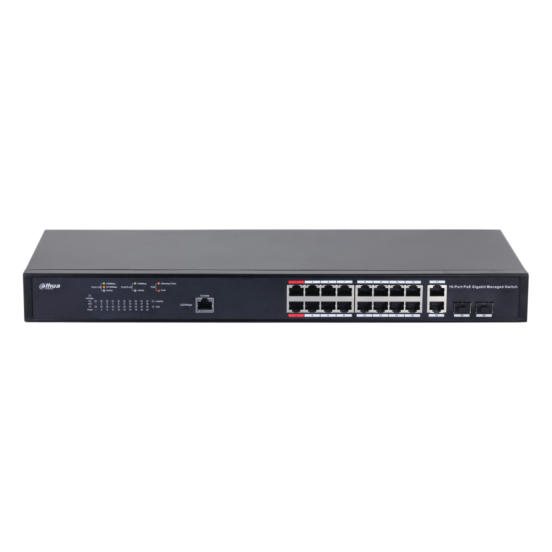 Zwarte metalen Dahua 16-poorts gigabit managed PoE-switch met statuslampjes en uplink-poorten op een witte achtergrond.