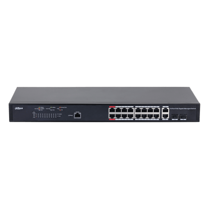 Zwarte metalen Dahua 16-poorts gigabit managed PoE-switch met statuslampjes en uplink-poorten op een witte achtergrond.