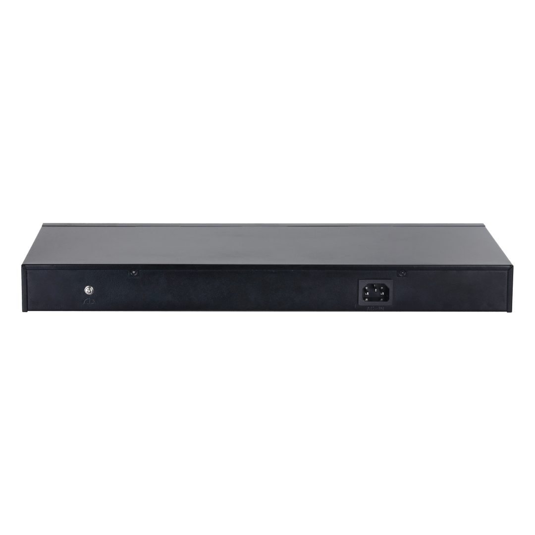 Zwarte metalen achterkant van de Dahua PoE-switch met stroomaansluiting en aardingspunt.