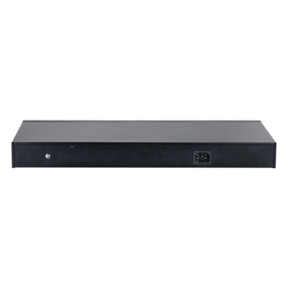 Zwarte metalen achterkant van de Dahua PoE-switch met stroomaansluiting en aardingspunt.