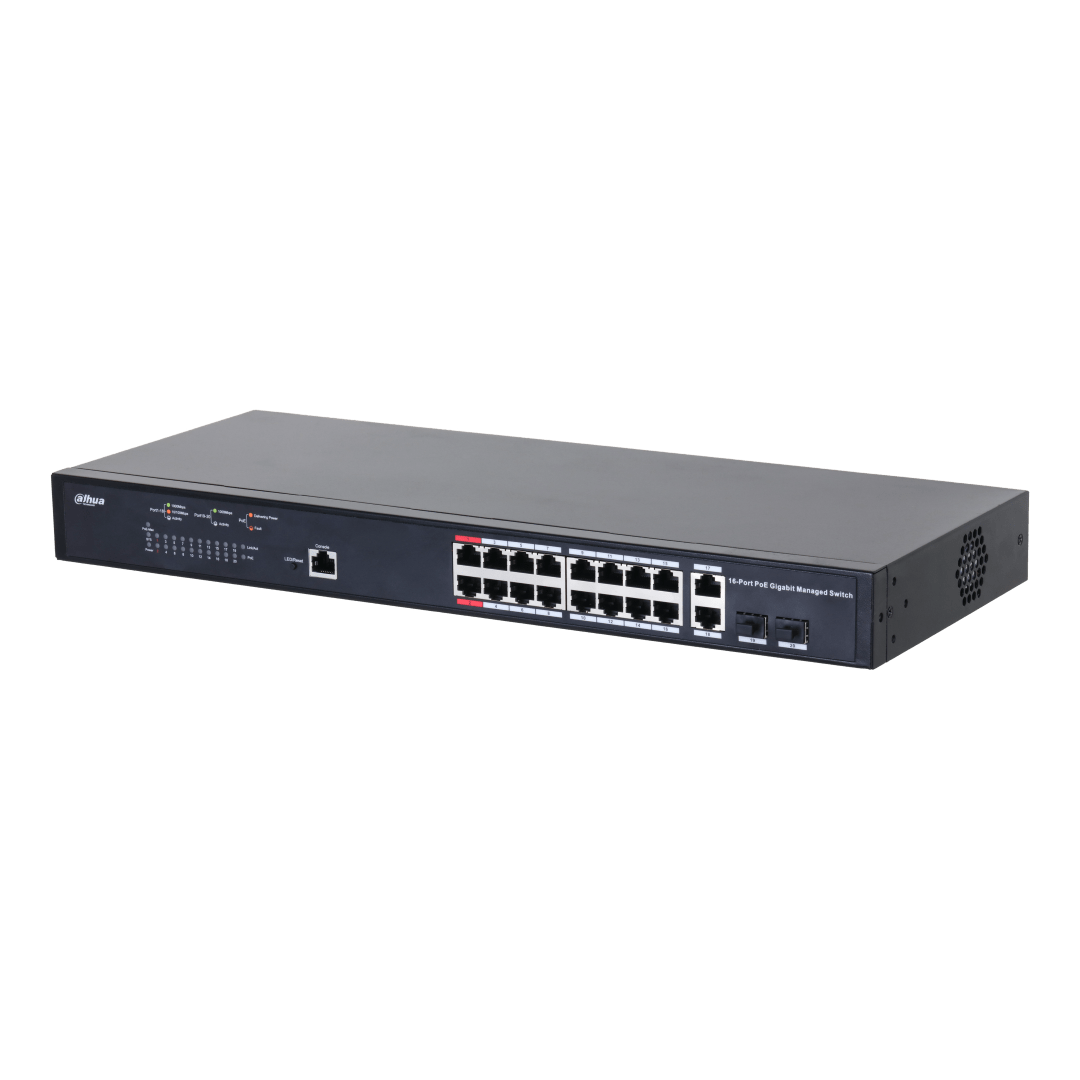Zwarte Dahua 16-poorts gigabit managed PoE-switch in metalen behuizing met statuslampjes en uplink-poorten.