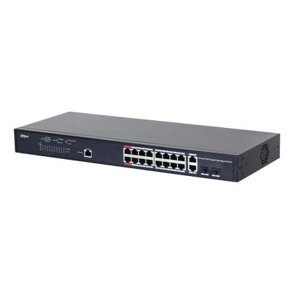 Zwarte Dahua 16-poorts gigabit managed PoE-switch in metalen behuizing met statuslampjes en uplink-poorten.