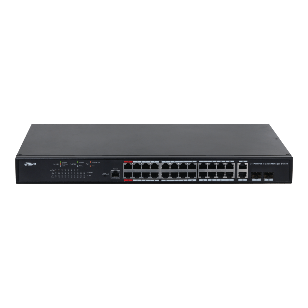 Zwarte Dahua 24-poorts gigabit managed PoE-switch in metalen behuizing met statuslampjes en uplink-poorten.