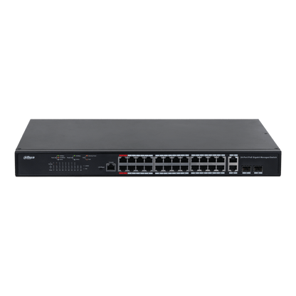 Zwarte Dahua 24-poorts gigabit managed PoE-switch in metalen behuizing met statuslampjes en uplink-poorten.